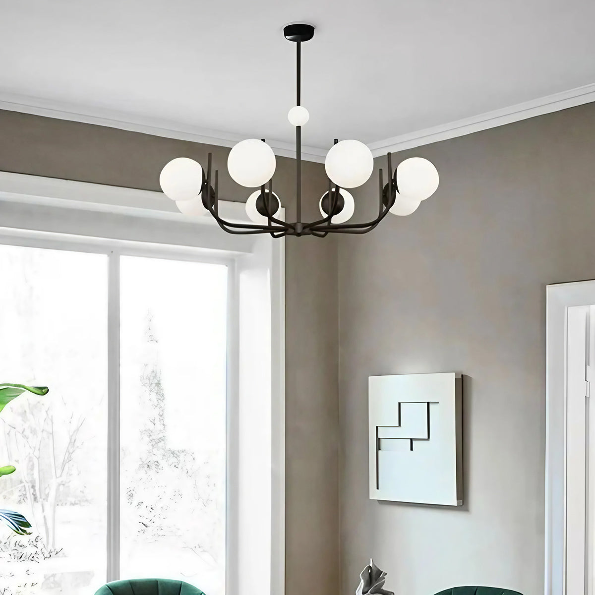 Suspension chandelier classique à globes opalins, S à L, noir