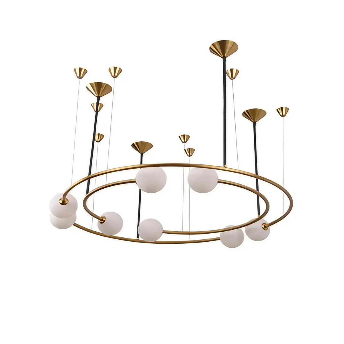 Suspension circulaire à globes de verre sur cercle de métal, doré