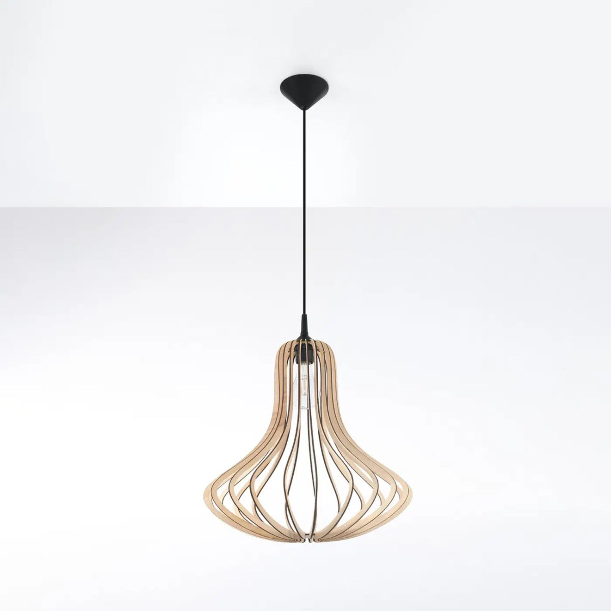Suspension cloche évasée en lamelles de bois naturel, 41 cm