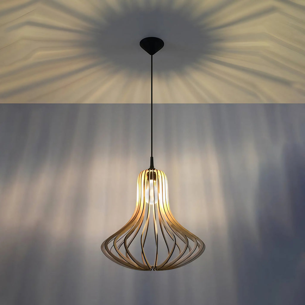 Suspension cloche évasée en lamelles de bois naturel, 41 cm