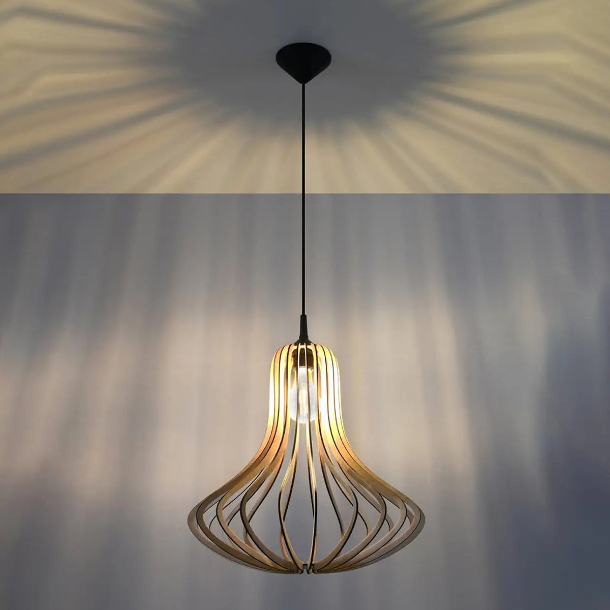 Suspension cloche évasée en lamelles de bois naturel, 41 cm