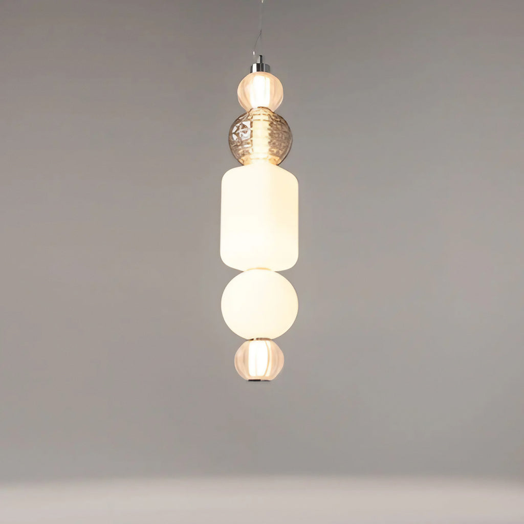 Suspension LED cinq globes en verre sur structure dorée