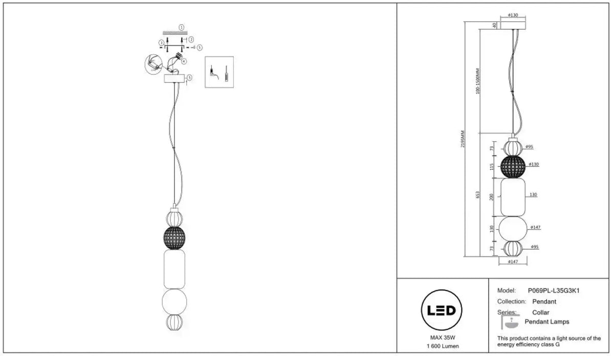 Suspension LED cinq globes en verre sur structure dorée