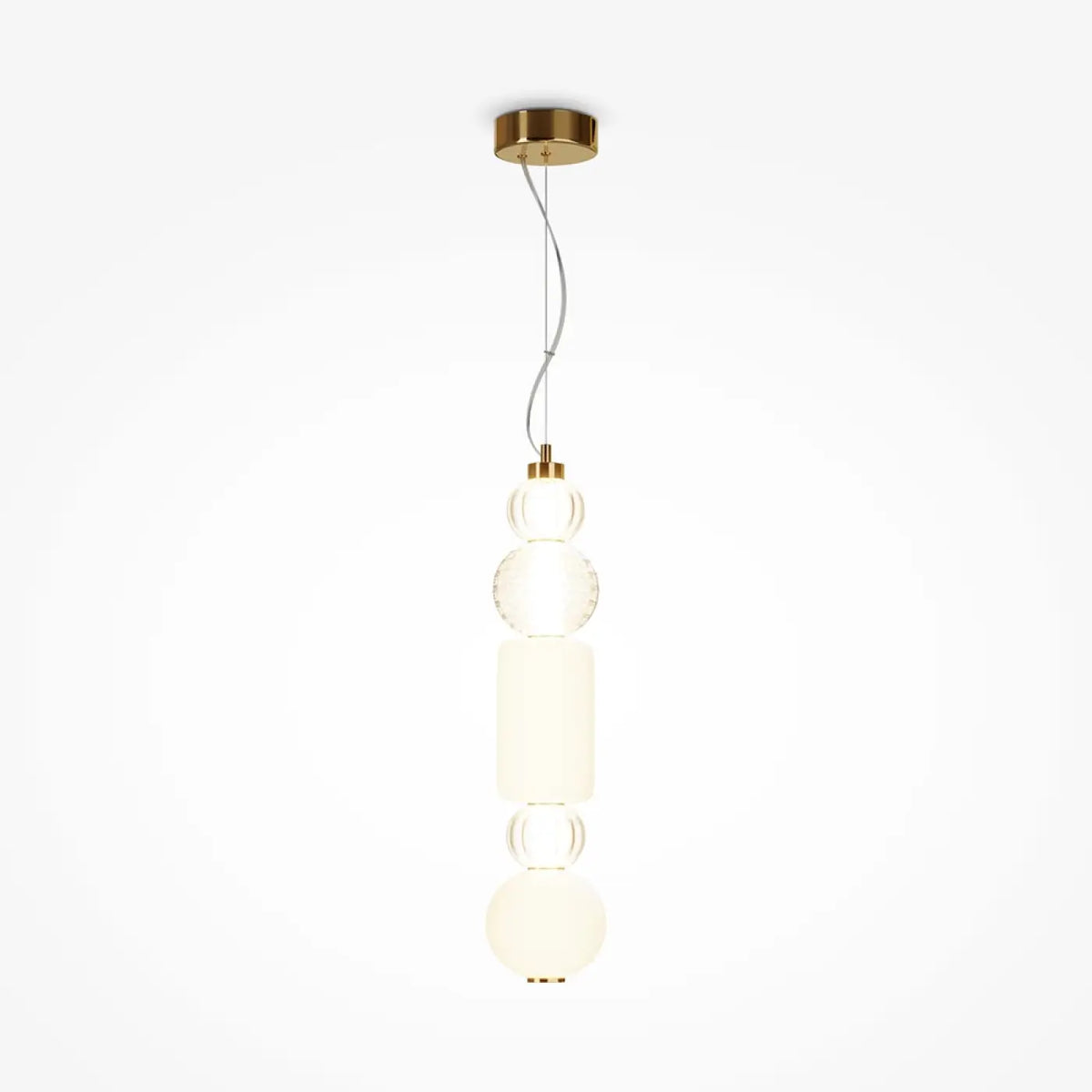 Suspension LED cinq globes en verre sur structure dorée