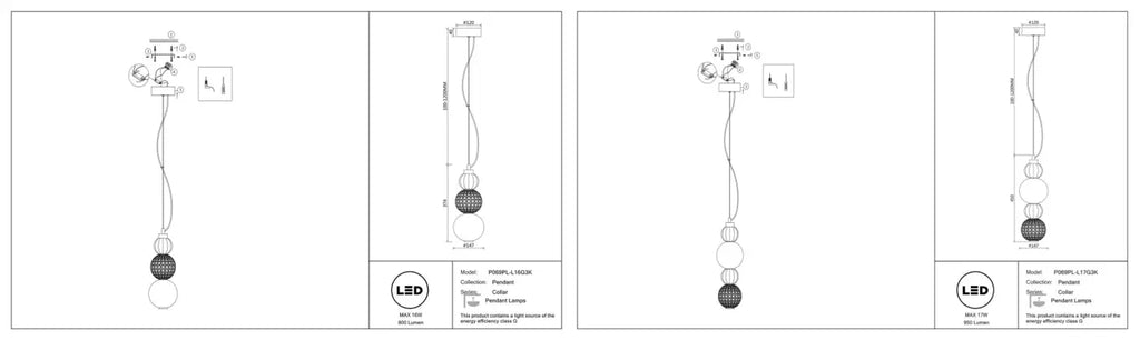 Petite suspension LED globe de verre, col en métal doré
