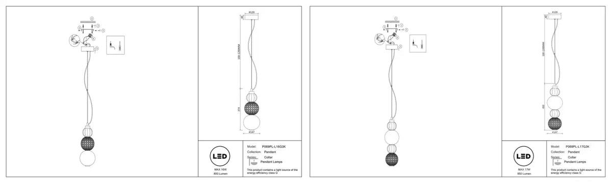 Petite suspension LED globe de verre, col en métal doré