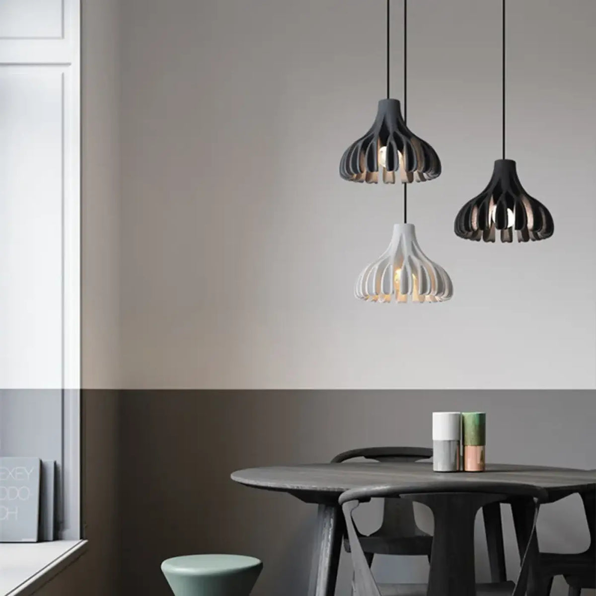 Suspension en bois et couleur, cinq coloris, lumière au choix, blanc
