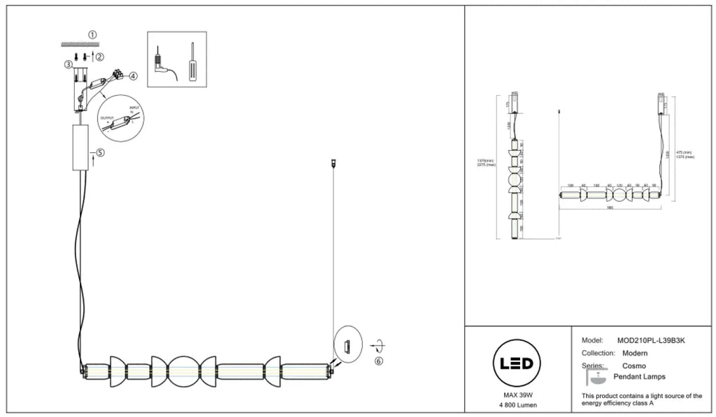 Suspension LED linéaire en verre rayé de 98 cm, noir ou doré