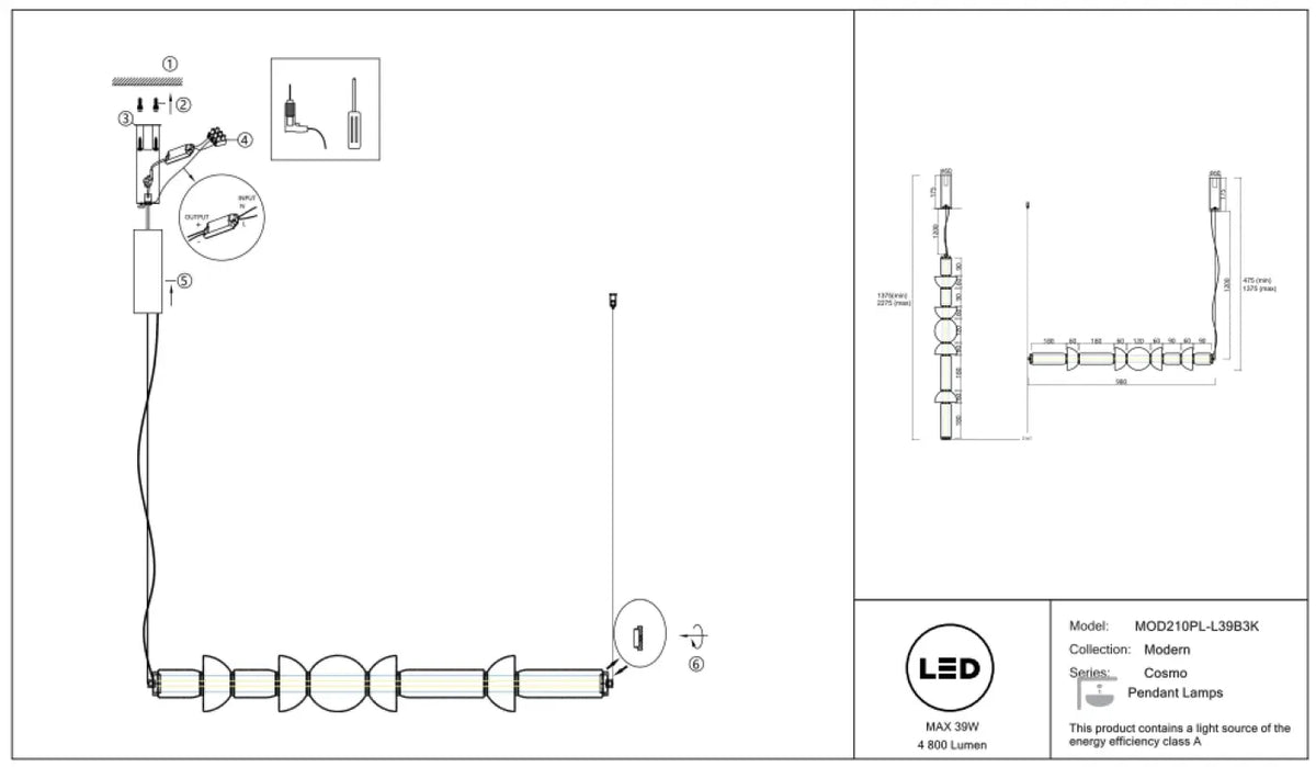 Suspension LED linéaire en verre rayé de 98 cm, noir ou doré