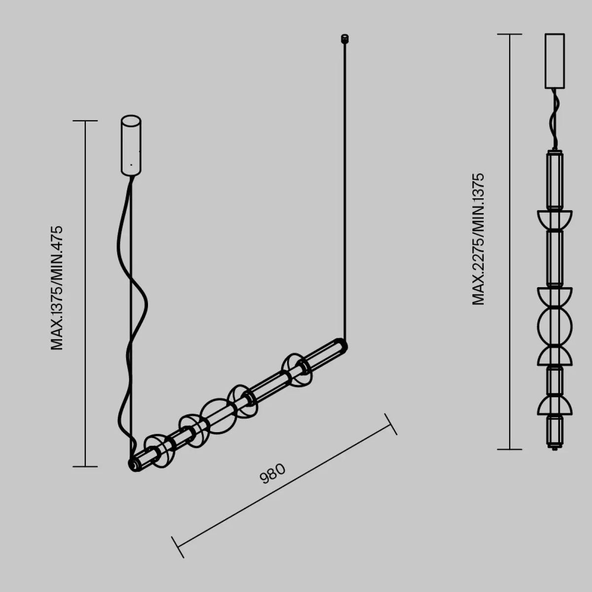 Suspension LED linéaire en verre rayé de 98 cm, noir ou doré