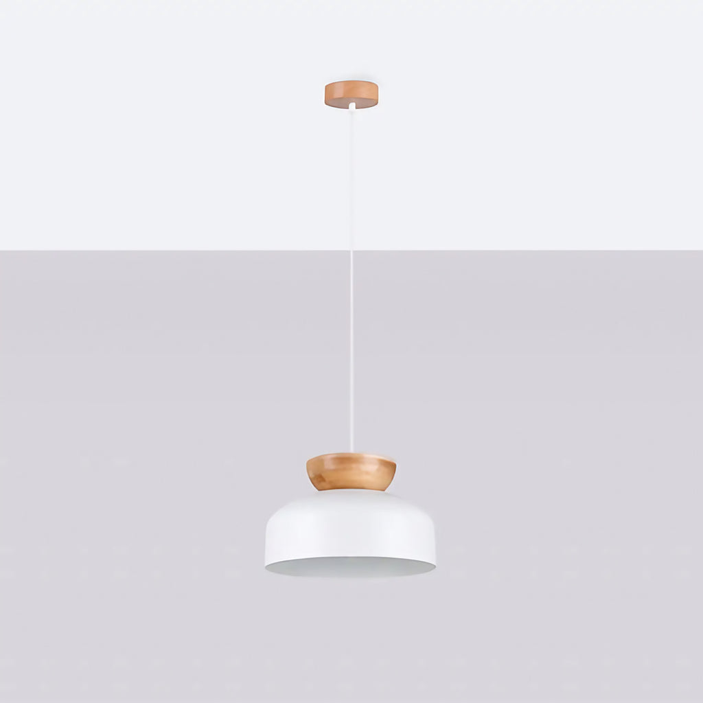 Suspension coupole en acier coiffée de bois, blanc ou noir, blanc/bois naturel