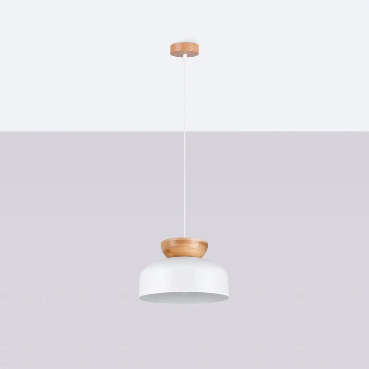 Suspension coupole en acier coiffée de bois, blanc ou noir, blanc/bois naturel