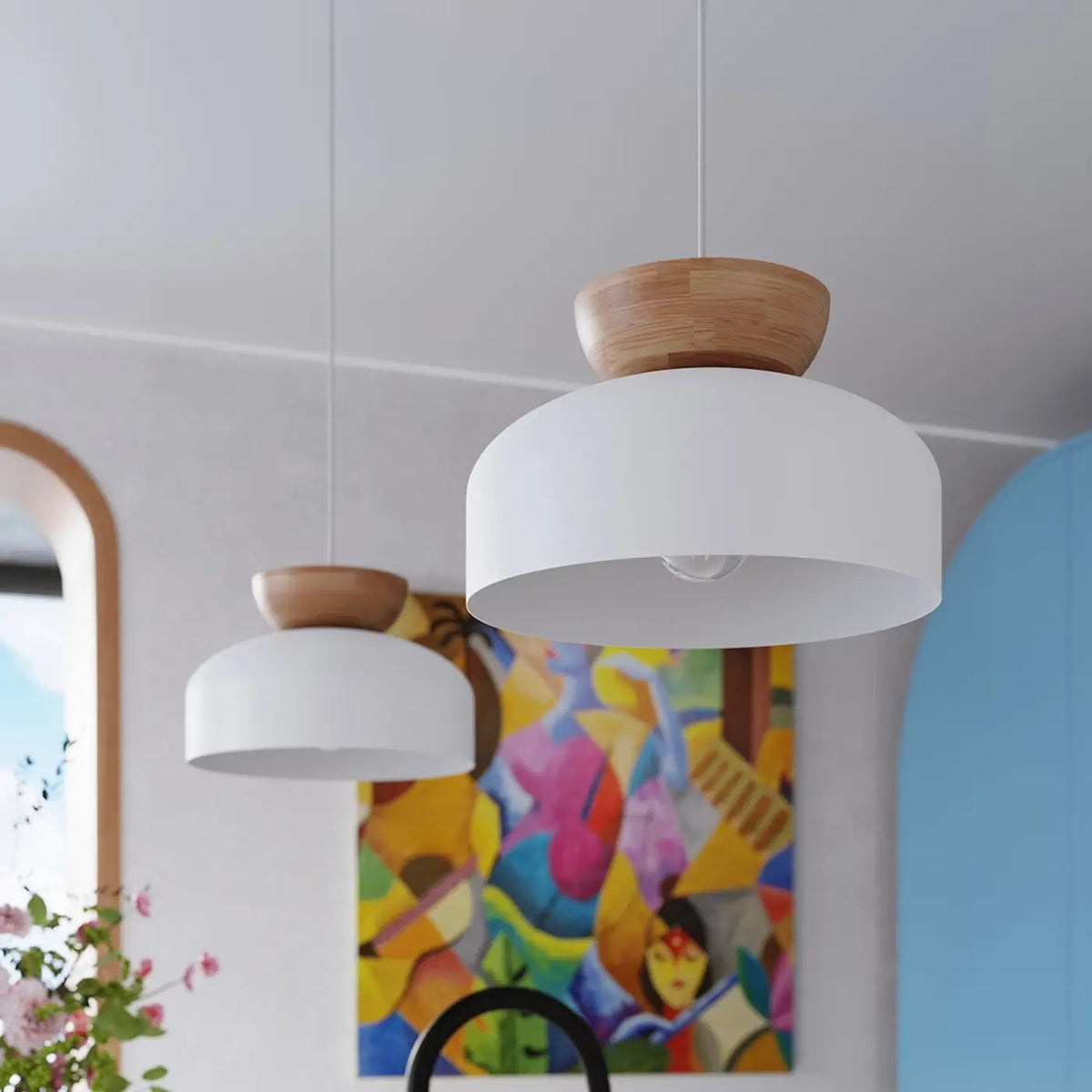 Suspension coupole en acier coiffée de bois, blanc ou noir