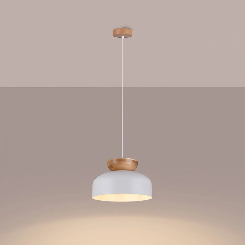 Suspension coupole en acier coiffée de bois, blanc ou noir