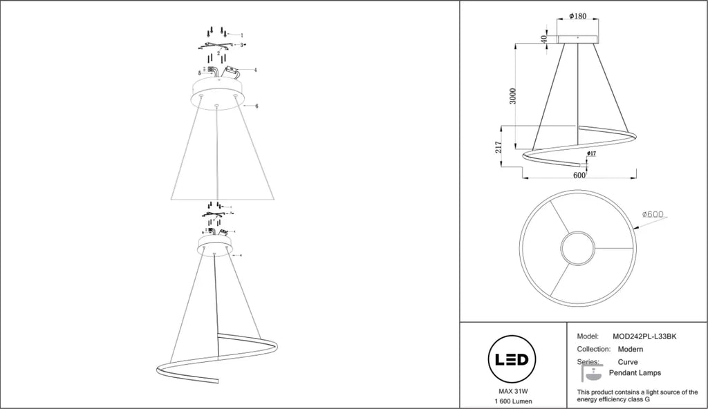 Suspension LED anneau ondulé de 60 cm, aluminium noir ou doré