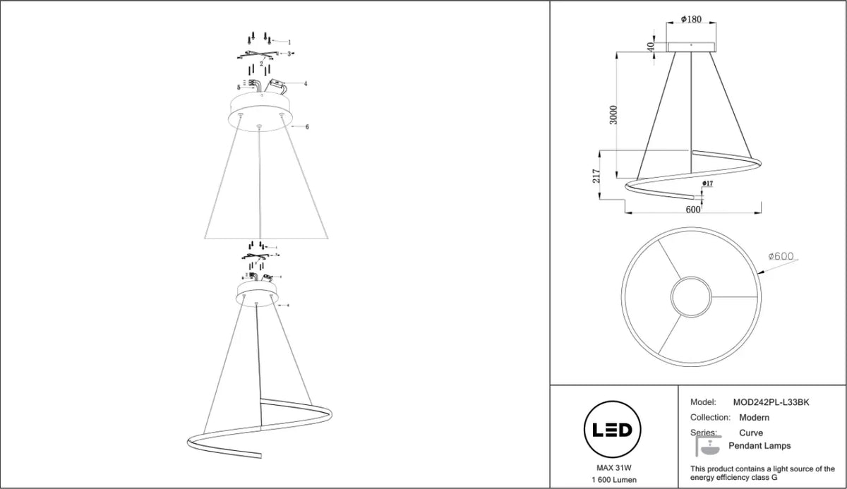 Suspension LED anneau ondulé de 60 cm, aluminium noir ou doré