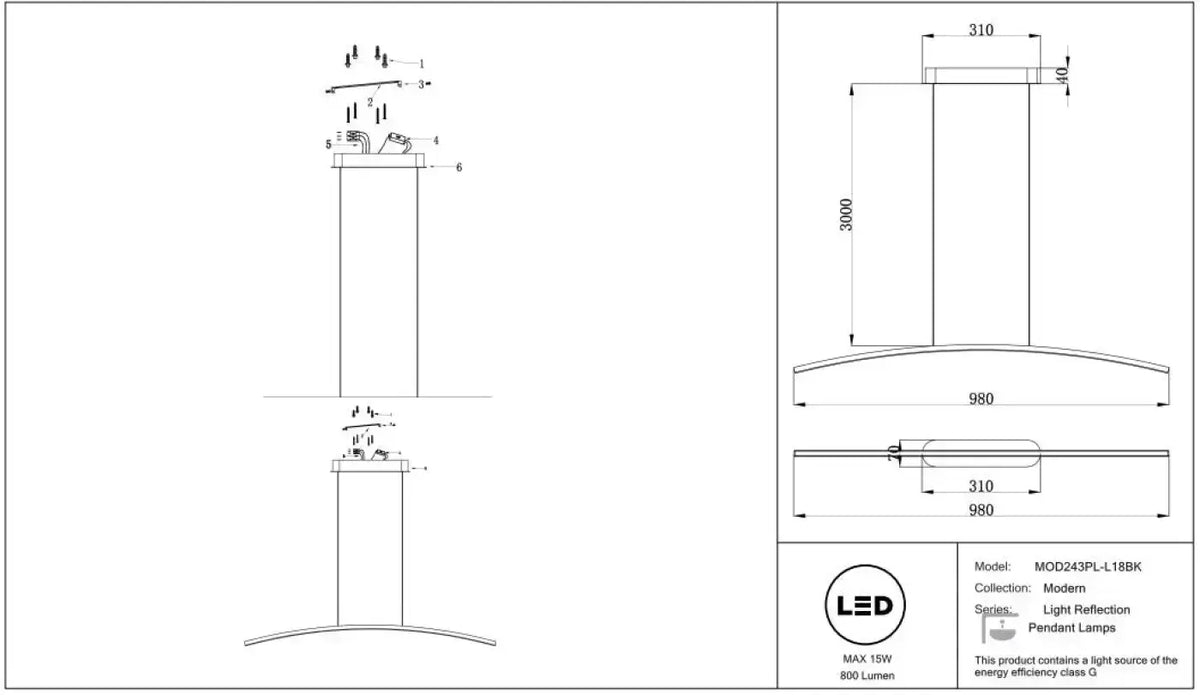 Suspension LED linéaire ondulée noire de 98 cm, 3000 ou 4000 K