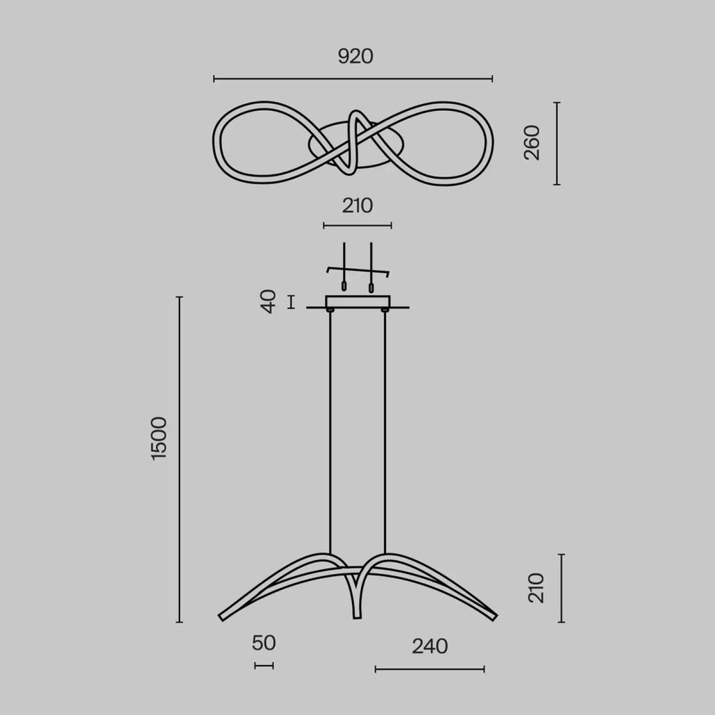 Suspension LED en boucle nouée, aluminium noir ou doré, 92 cm