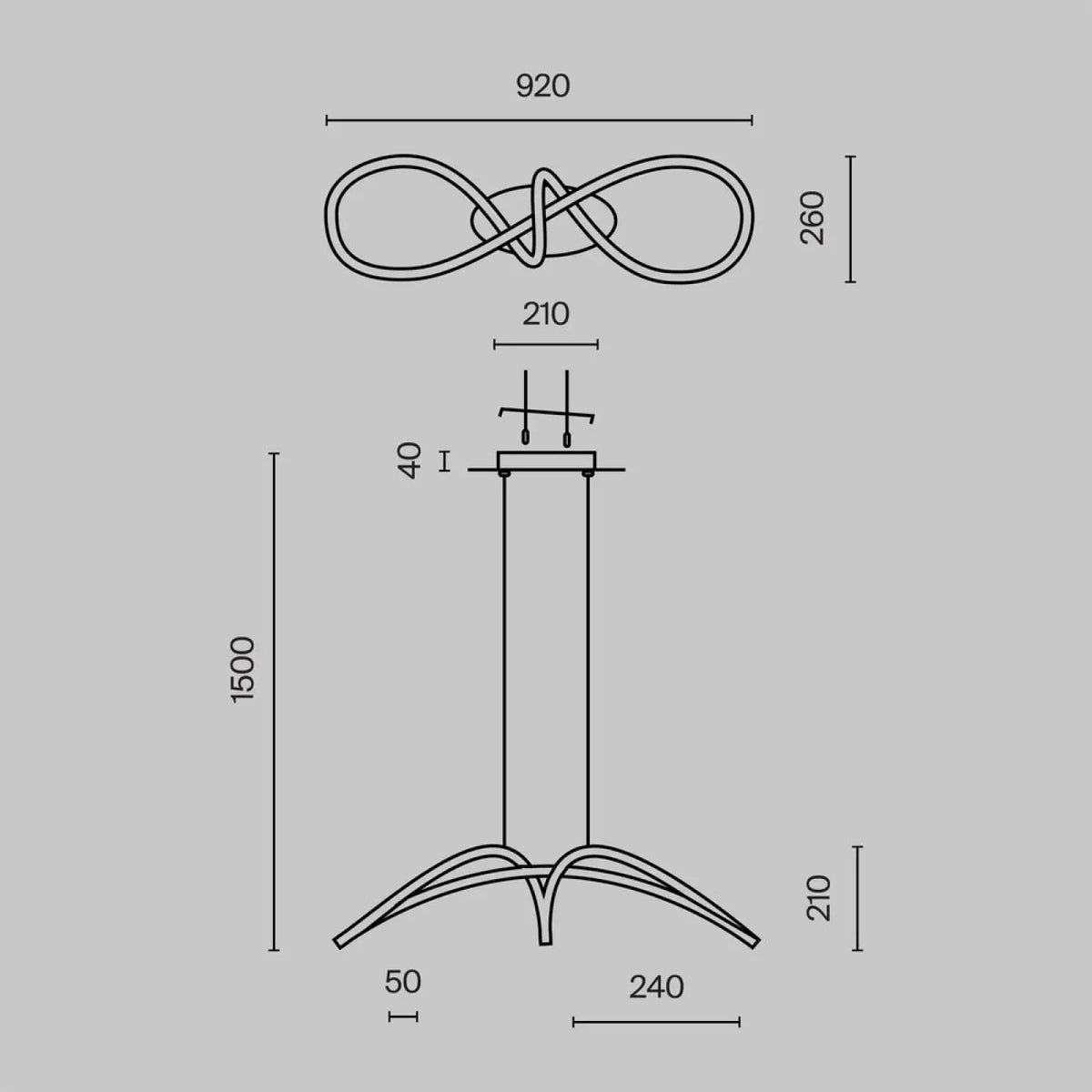 Suspension LED en boucle nouée, aluminium noir ou doré, 92 cm