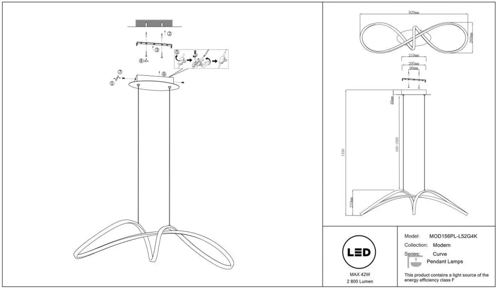Suspension LED en boucle nouée, aluminium noir ou doré, 92 cm