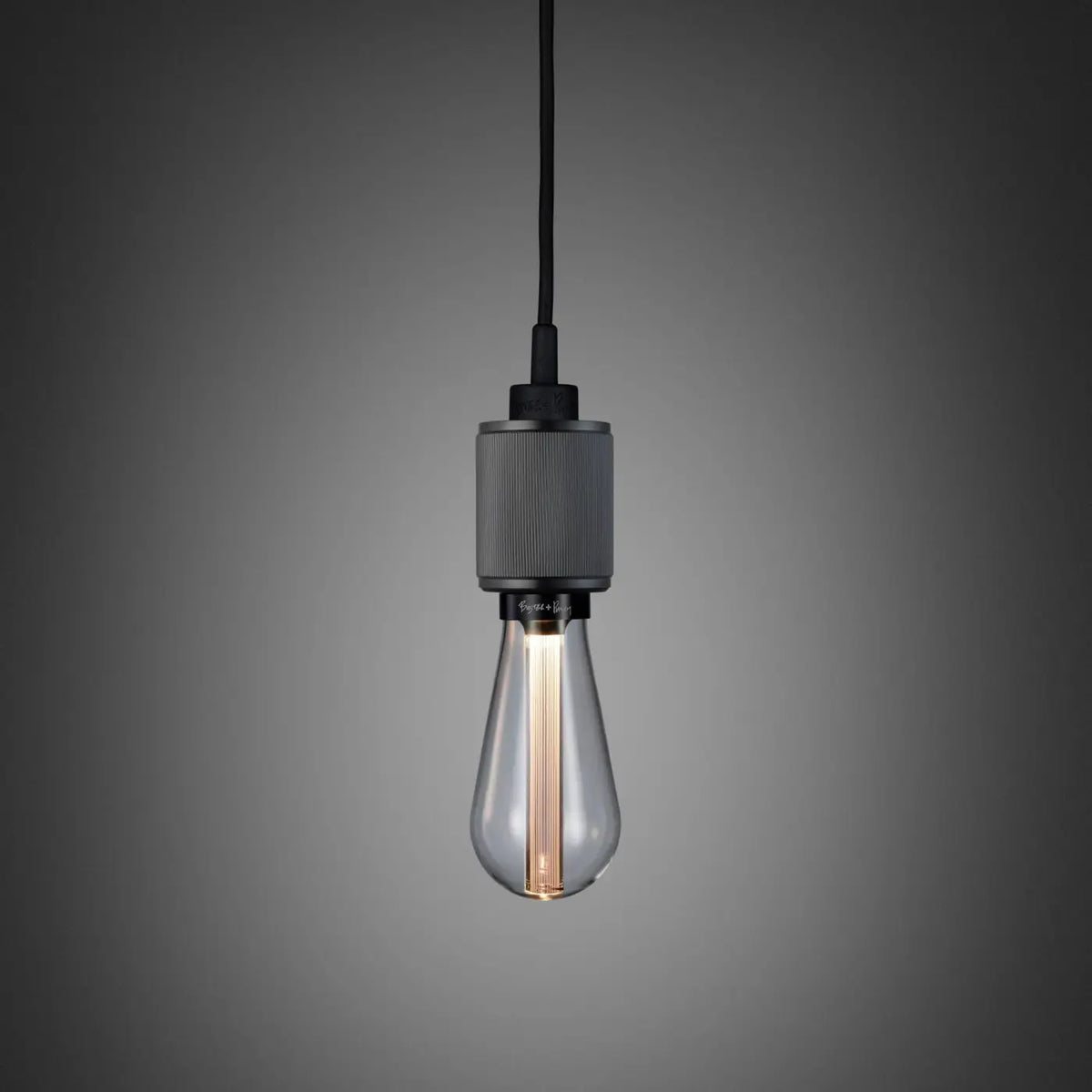 Suspension cylindre en métal massif strié, ampoule apparente E27, gris