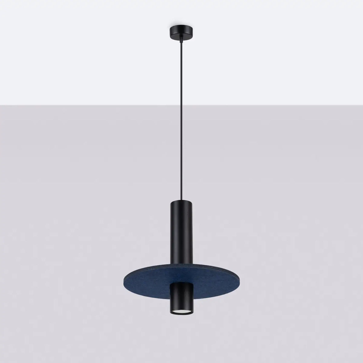 Suspension tube en acier noir et disque de feutre, GU10, bleu marine/noir