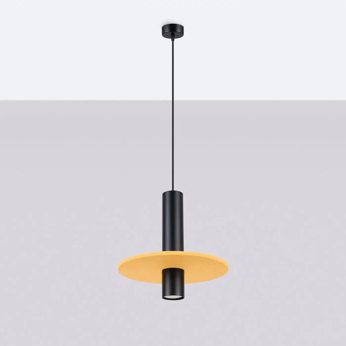 Suspension tube en acier noir et disque de feutre, GU10, jaune/noir