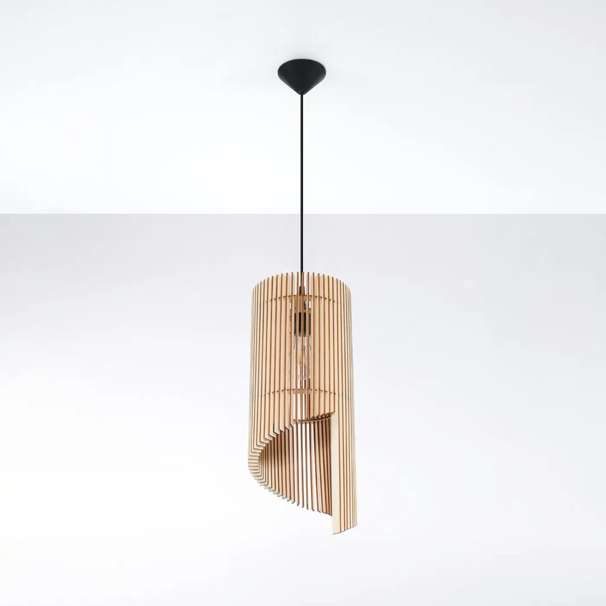 Suspension cylindre haut en lamelles de bois naturel, 21 cm