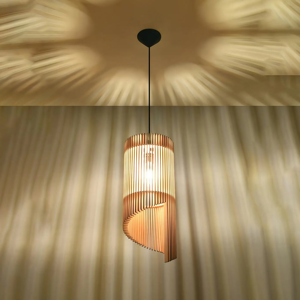 Suspension cylindre haut en lamelles de bois naturel, 21 cm