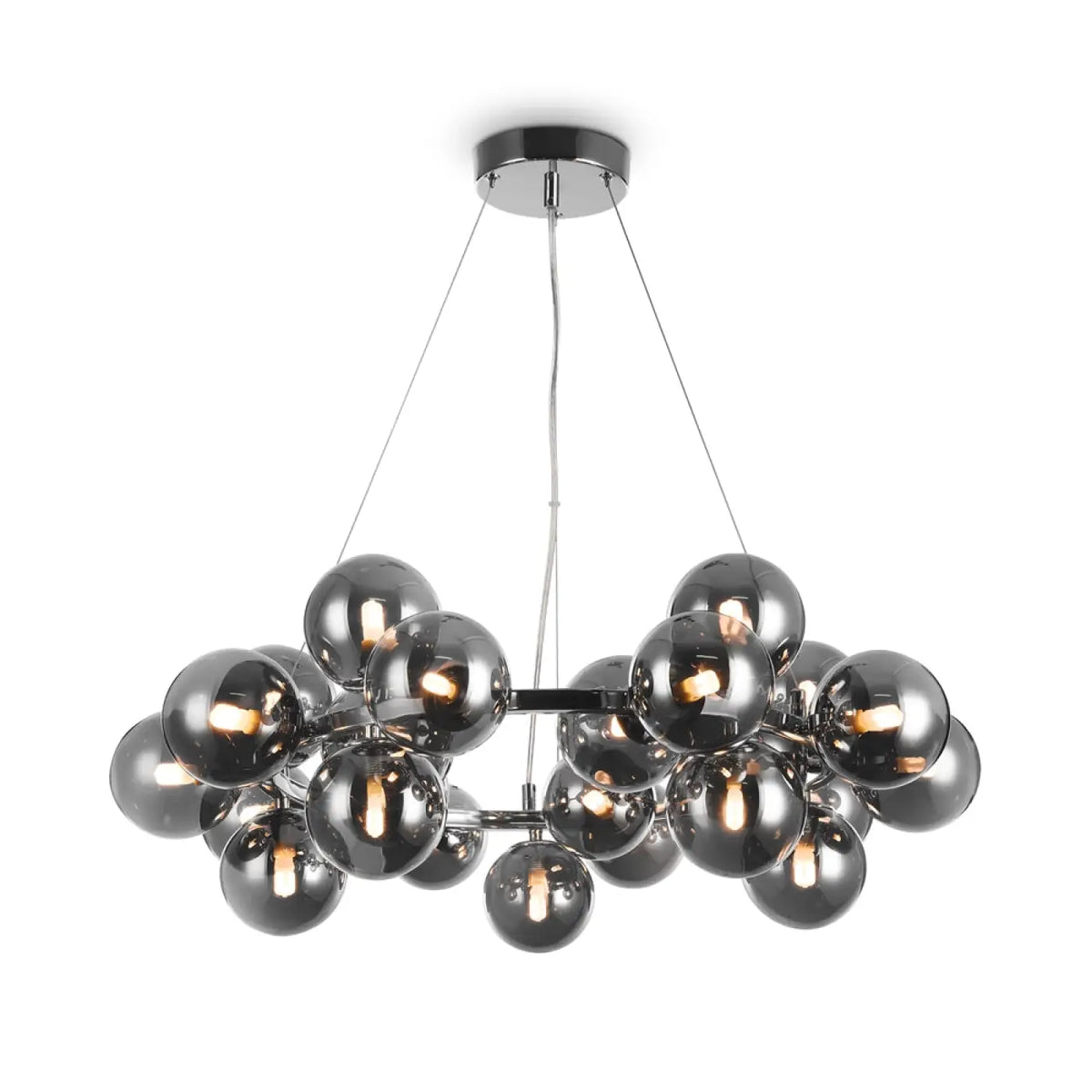 Lustre rond à 25 globes en verre teinté, 69 cm, quatre coloris, argenté