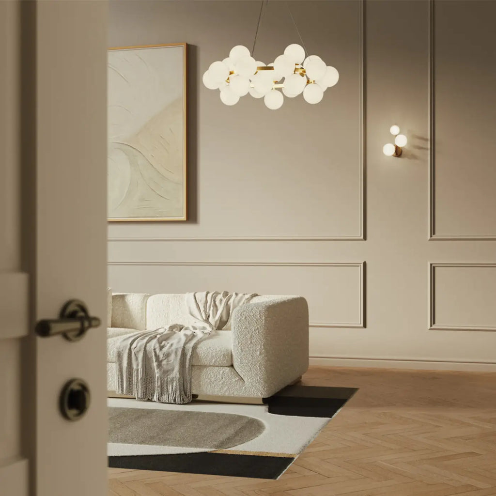 Lustre rond à 25 globes en verre teinté, 69 cm, quatre coloris