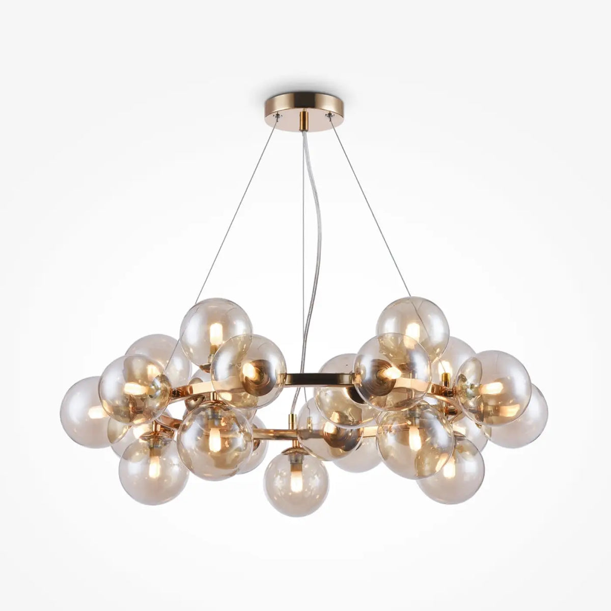 Lustre rond à 25 globes en verre teinté, 69 cm, quatre coloris, doré