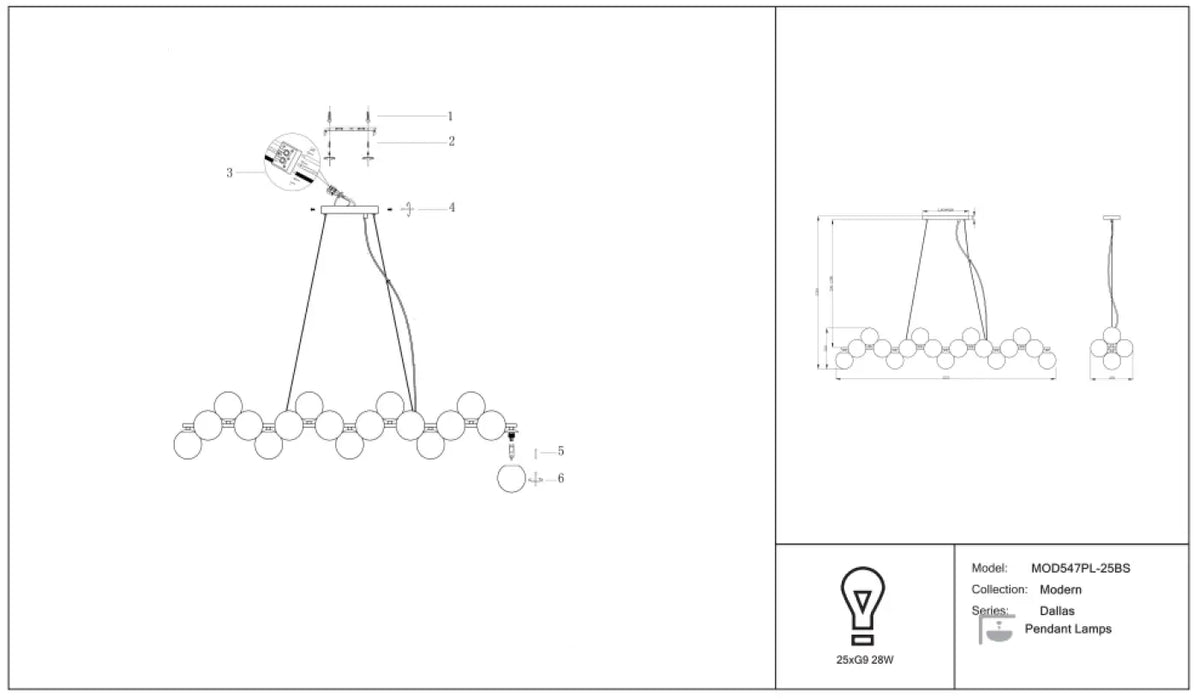 Suspension linéaire à 25 globes de verre, 123,5 cm