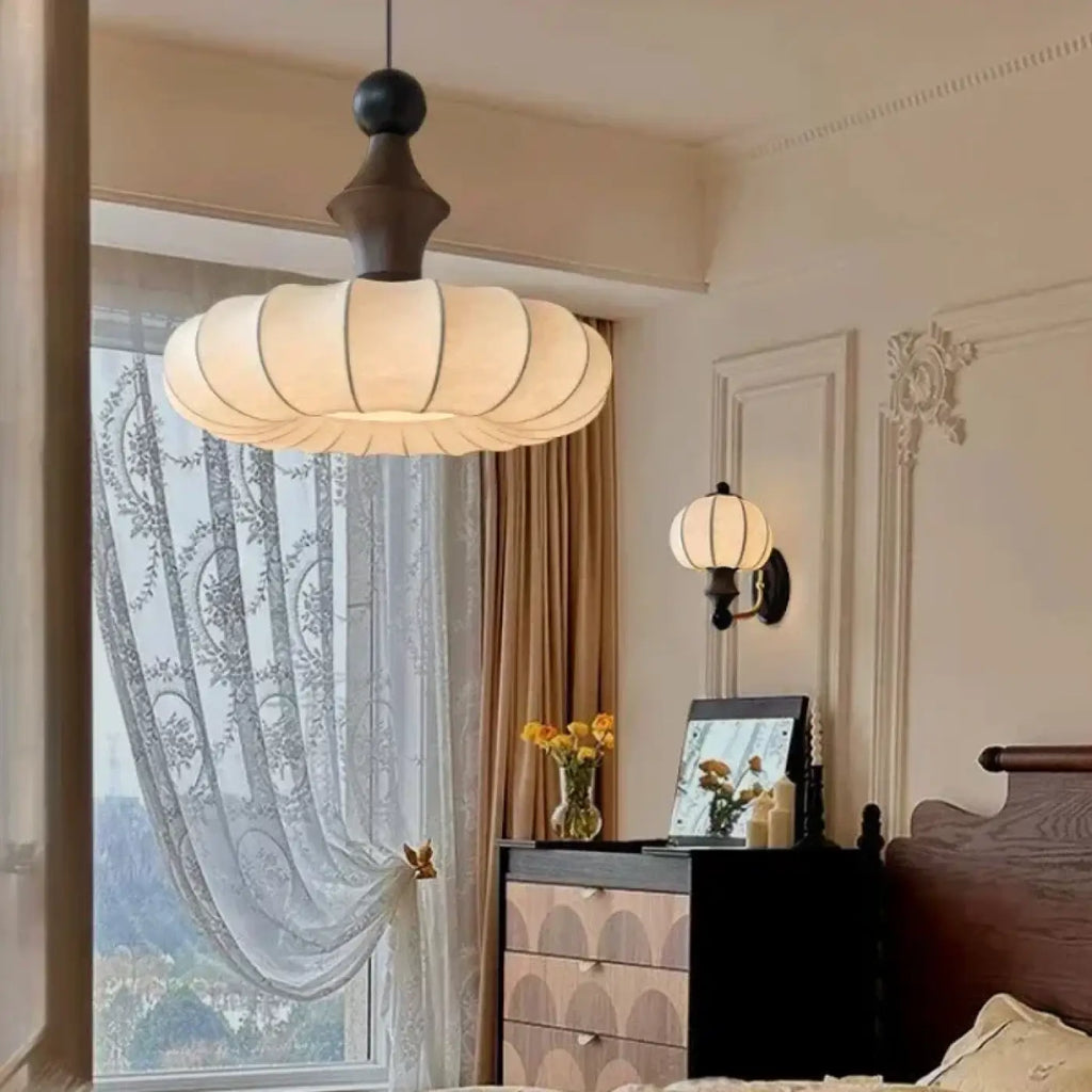 Suspension abat-jour en tissu blanc et bois, tailles S et M