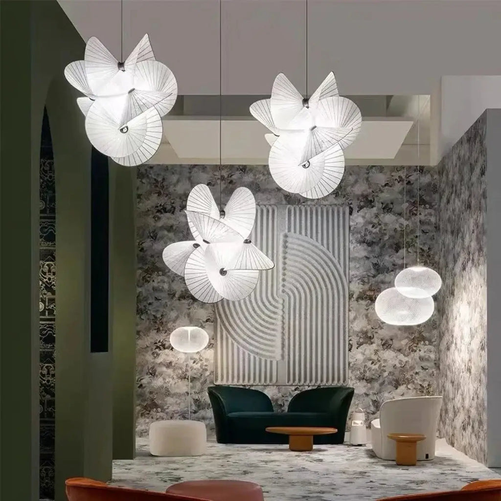 Suspension éventail en tissu blanc, blanc chaud, froid ou réglable