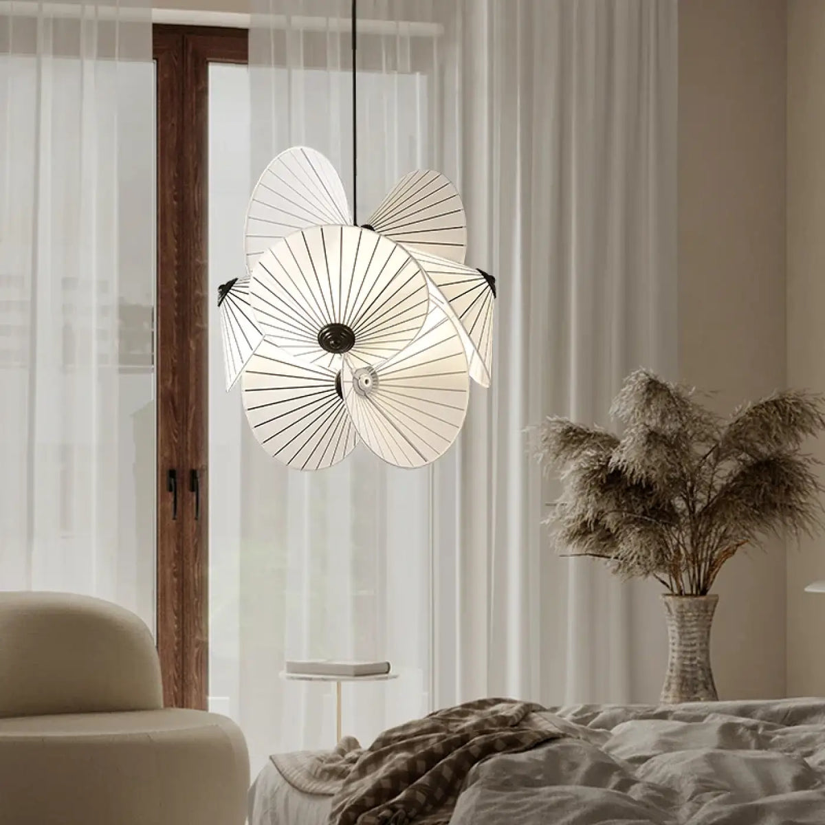 Suspension éventail en tissu blanc, blanc chaud, froid ou réglable