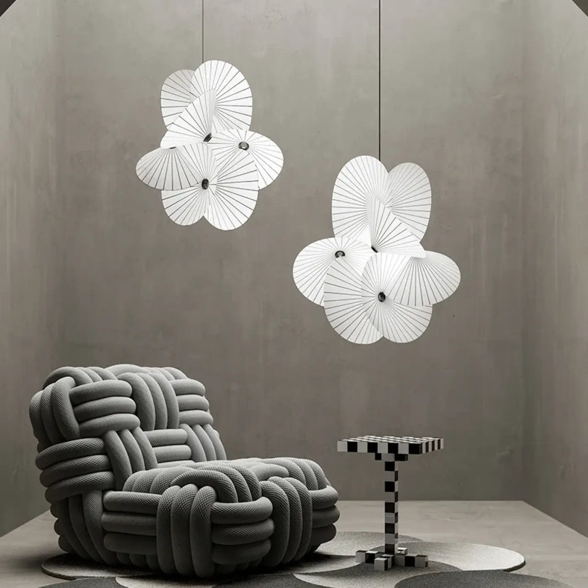 Suspension éventail en tissu blanc, blanc chaud, froid ou réglable