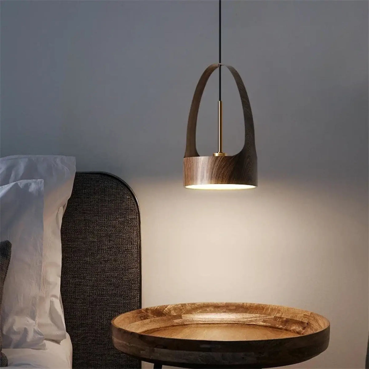 Suspension en bois à abat-jour cylindrique, beige ou marron