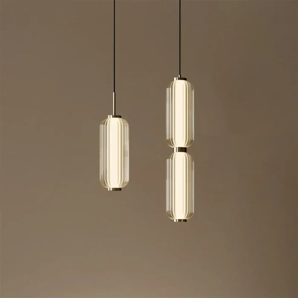Suspension cylindre en verre nervuré doré, trois tailles