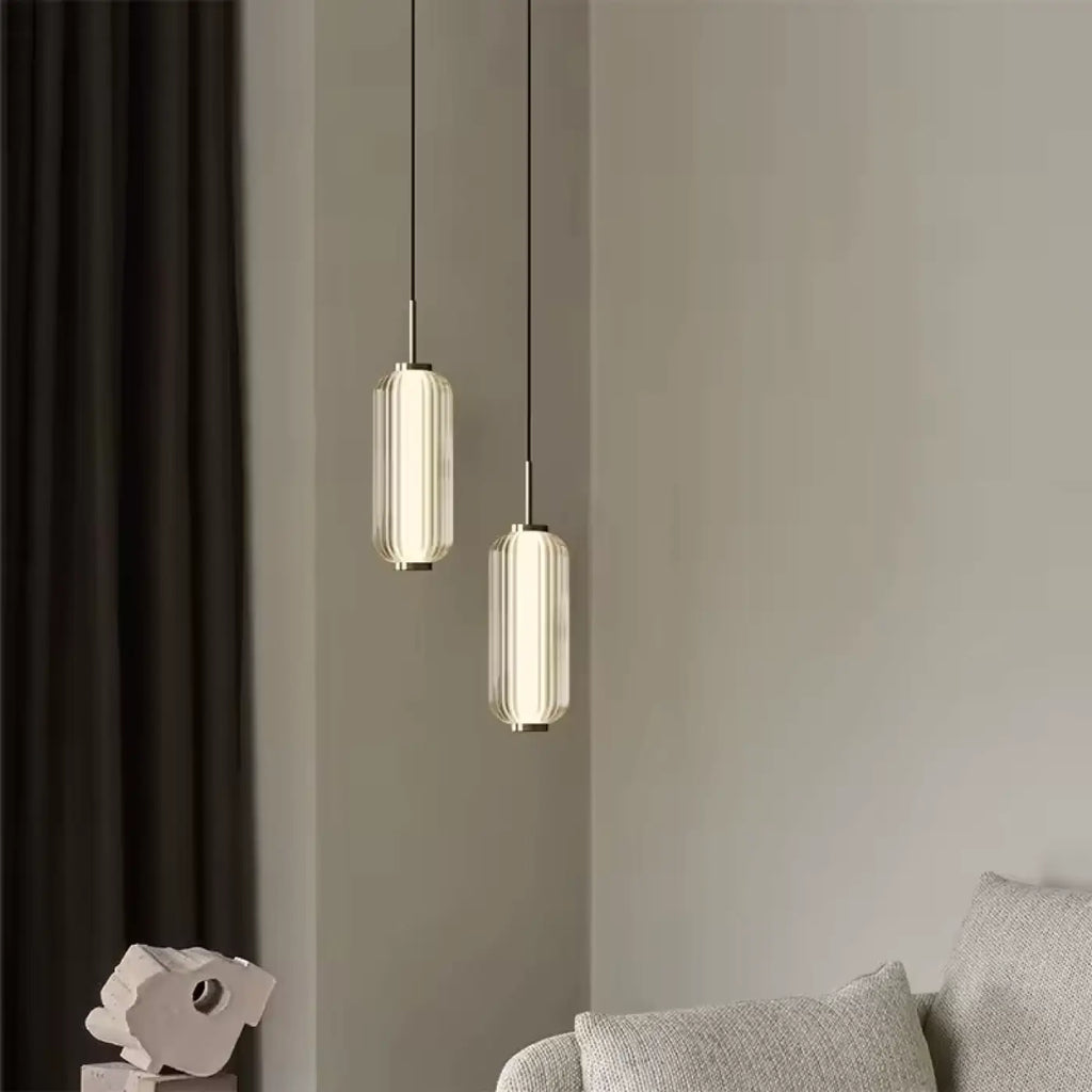 Suspension cylindre en verre nervuré doré, trois tailles