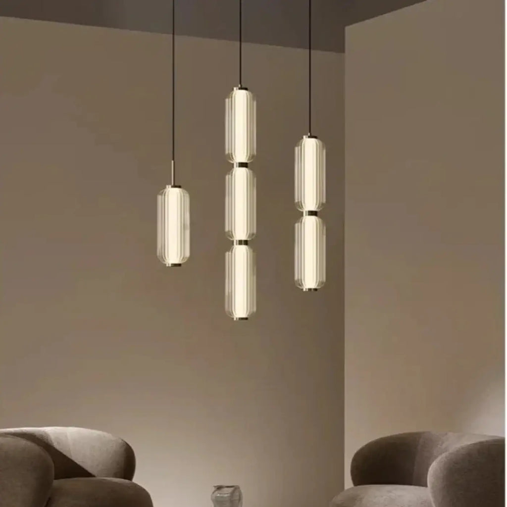 Suspension cylindre en verre nervuré doré, trois tailles