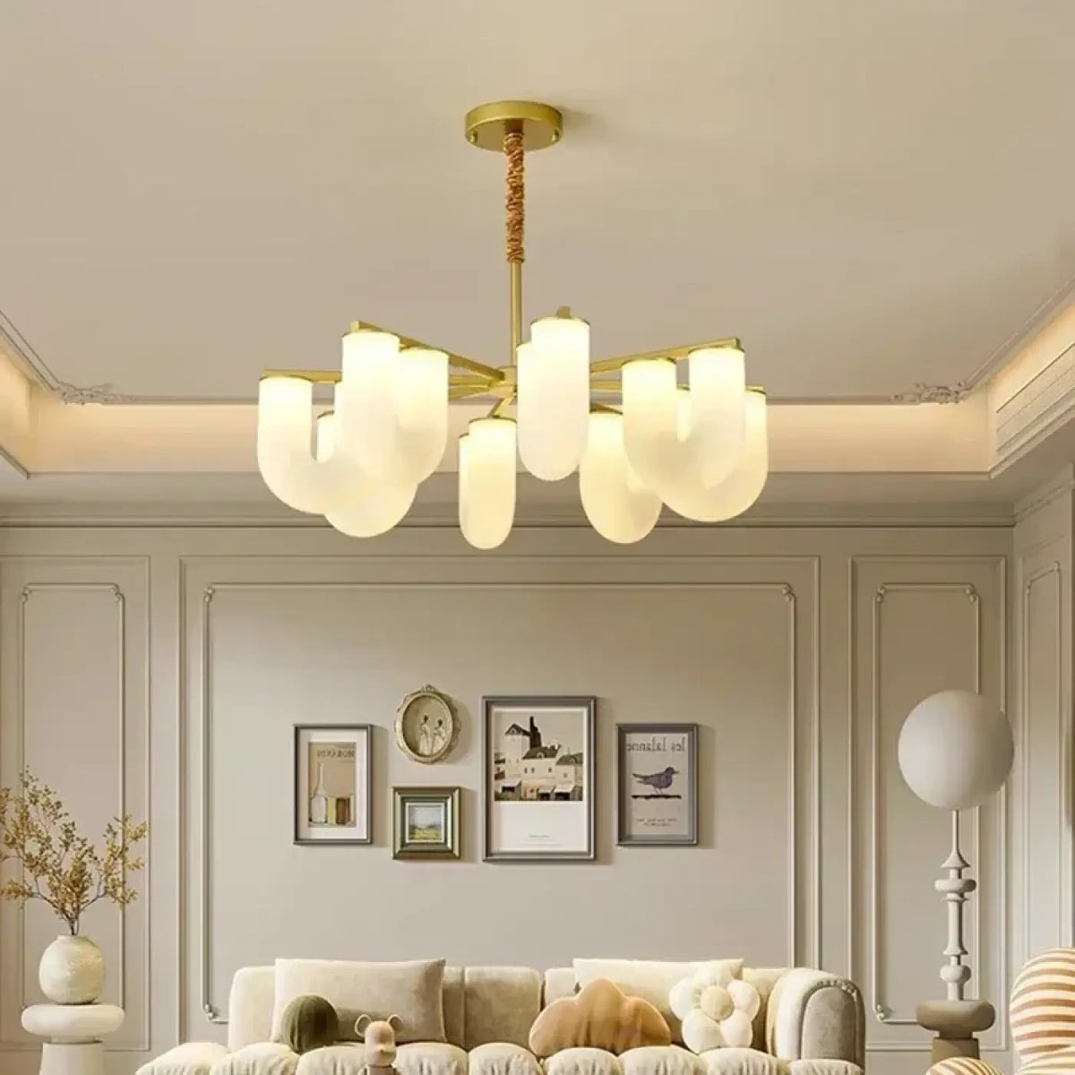 Suspension laiton et verre opalin courbé, 4, 6 ou 8 lampes