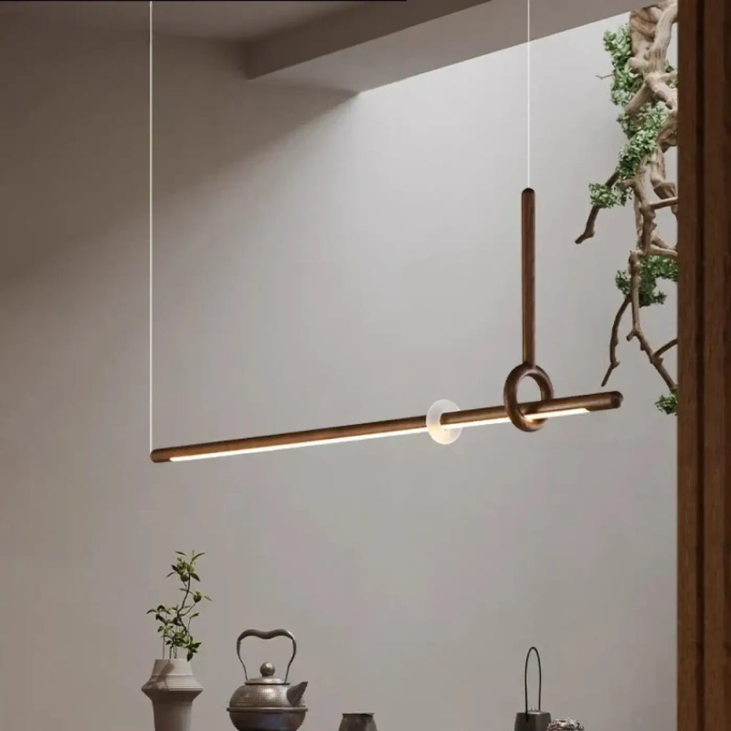 Suspension LED linéaire en bois massif, marron ou beige, S ou M