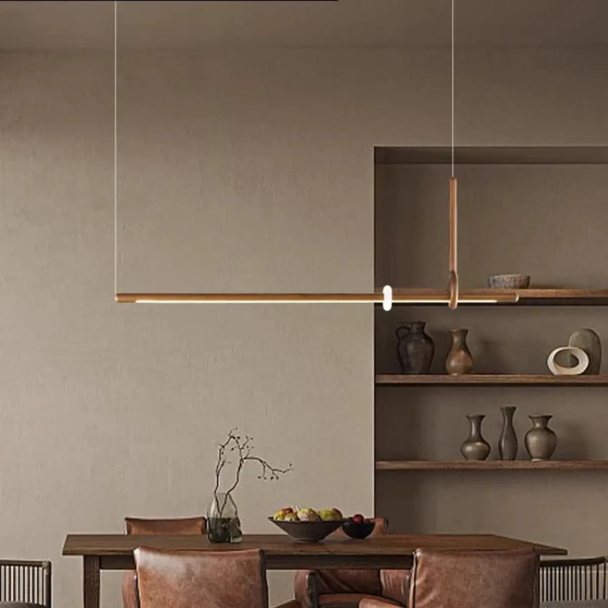 Suspension LED linéaire en bois massif, marron ou beige, S ou M, marron
