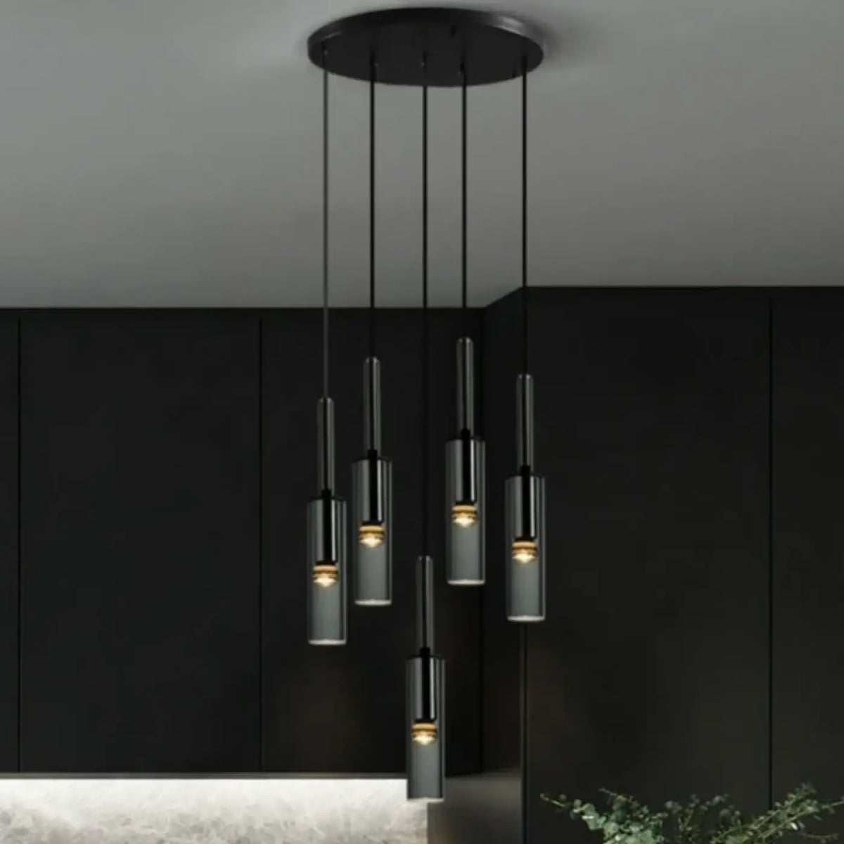 Suspension cylindre noir et verre, de 1 à 5 lampes
