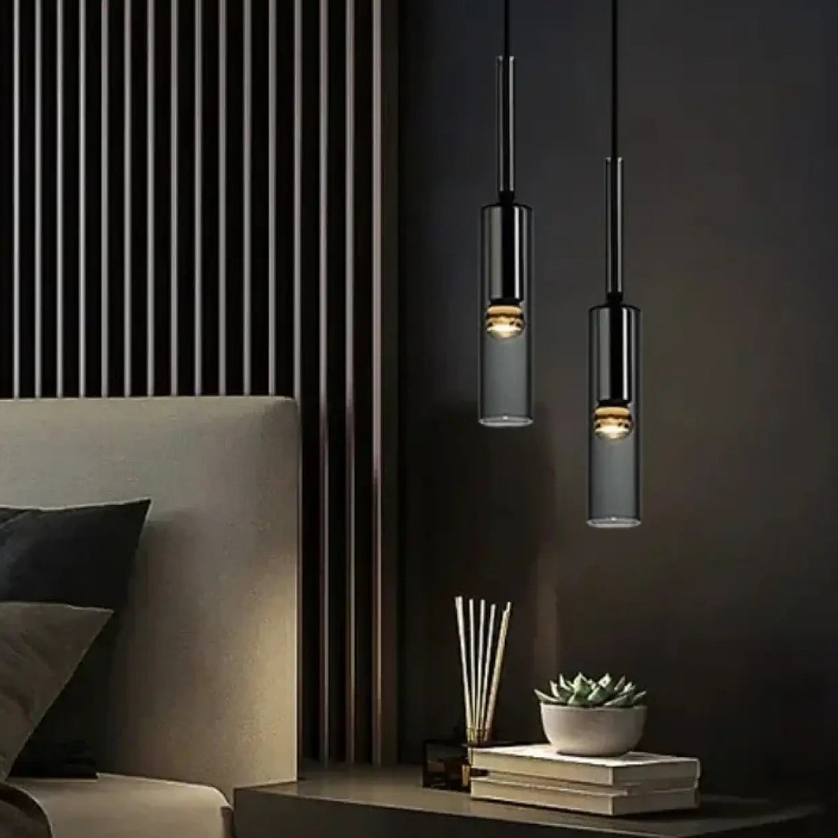 Suspension cylindre noir et verre, de 1 à 5 lampes