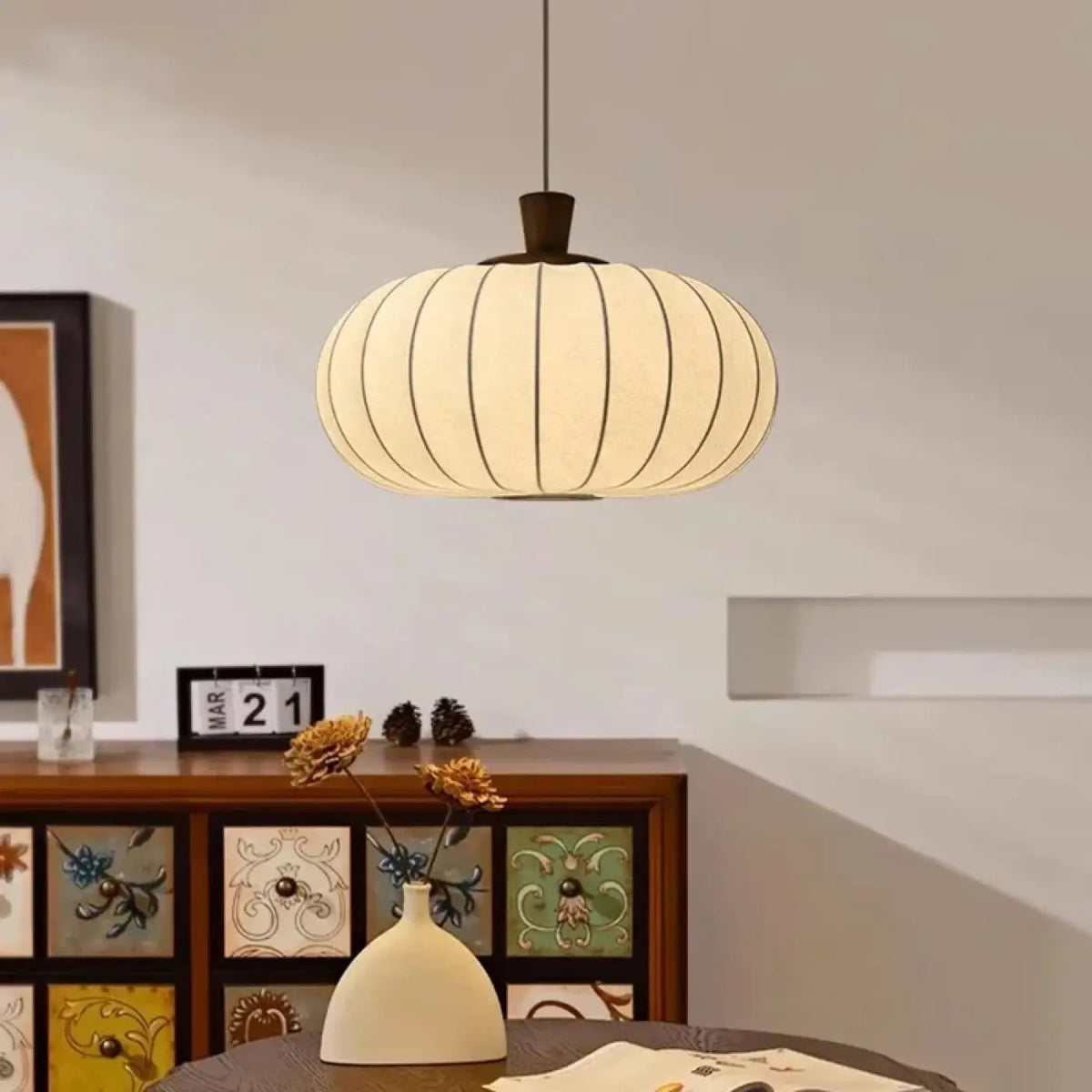 Suspension moderne en tissu nervuré et bois, tailles S et M
