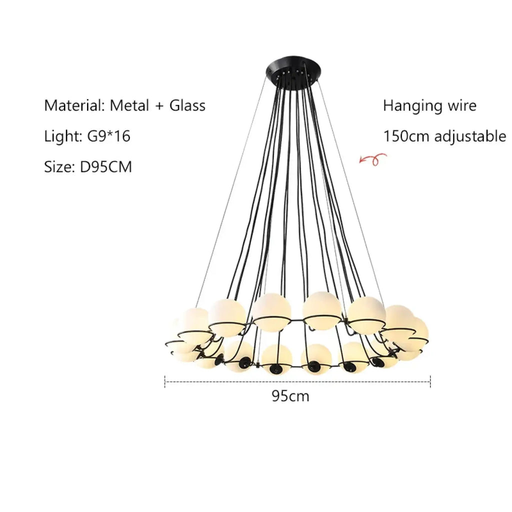 Suspension à globes de verre sur structure en métal noir