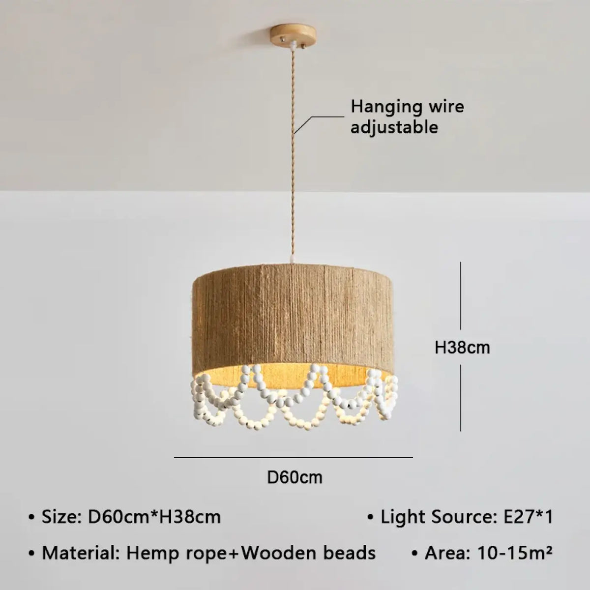 Suspension en chanvre et perles de bois, tailles S, M, L