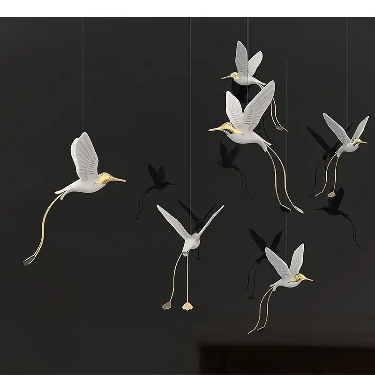 Suspension oiseaux lumineux blanc et doré, style moderne